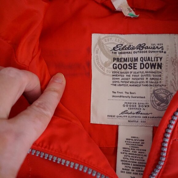 VTG '90s Eddie Bauer Goose Down Red Puffer Faux Fur Hood Zip Up Vest Jacket XL - Picture 12 of 12